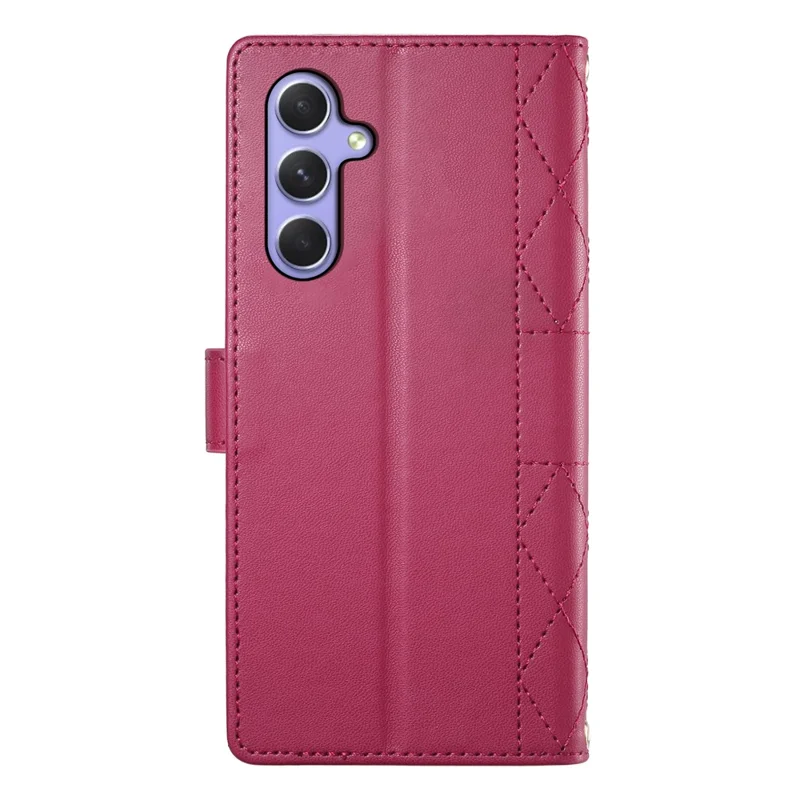 For Samsung Galaxy A55 5G Case Rhombus Stitching Wallet Stand Leather Phone Cover with Long  /  Short Strap - Red
