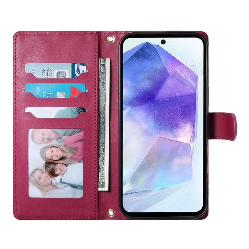 For Samsung Galaxy A55 5G Case Rhombus Stitching Wallet Stand Leather Phone Cover with Long  /  Short Strap - Red