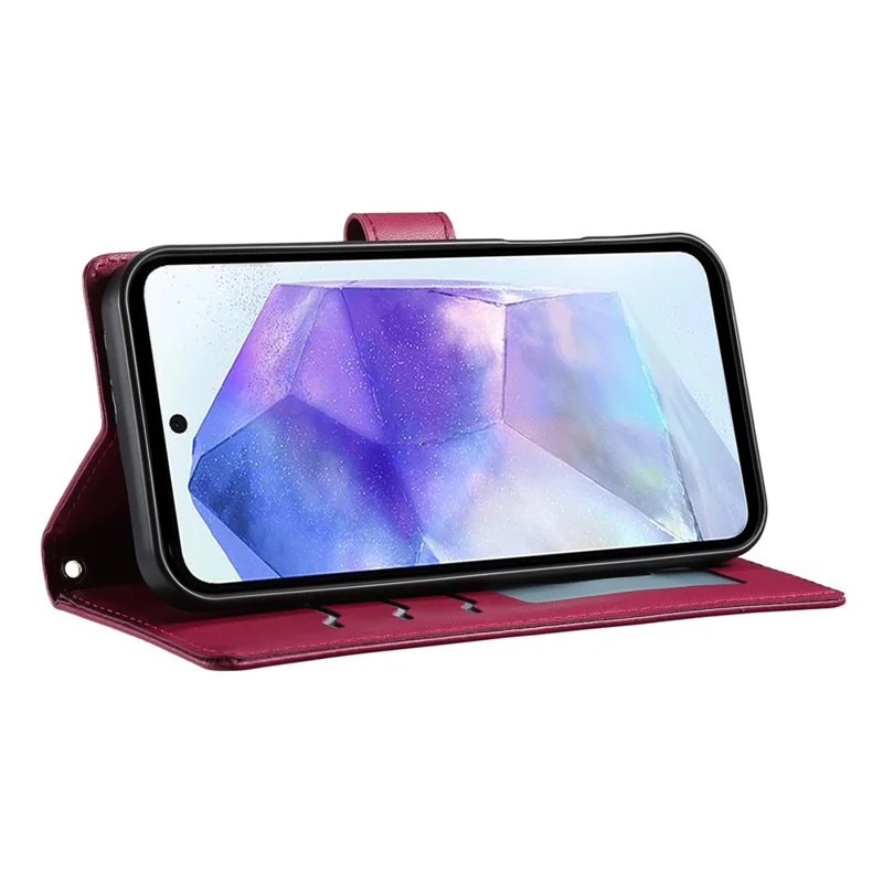 For Samsung Galaxy A55 5G Case Rhombus Stitching Wallet Stand Leather Phone Cover with Long  /  Short Strap - Red