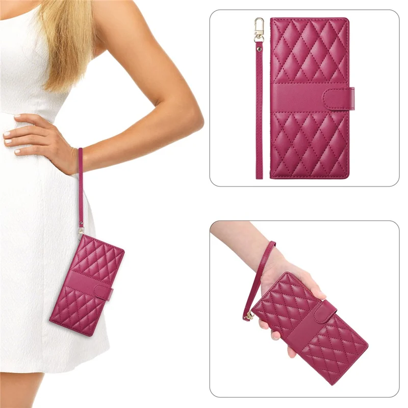 For Samsung Galaxy A55 5G Case Rhombus Stitching Wallet Stand Leather Phone Cover with Long  /  Short Strap - Red