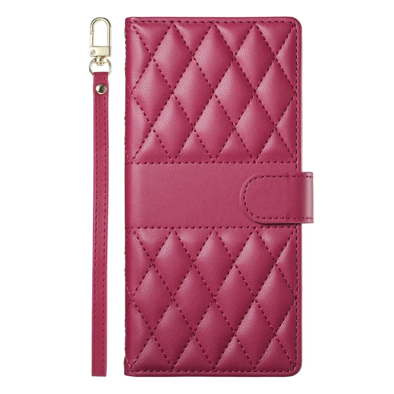 For Samsung Galaxy A55 5G Case Rhombus Stitching Wallet Stand Leather Phone Cover with Long  /  Short Strap - Red