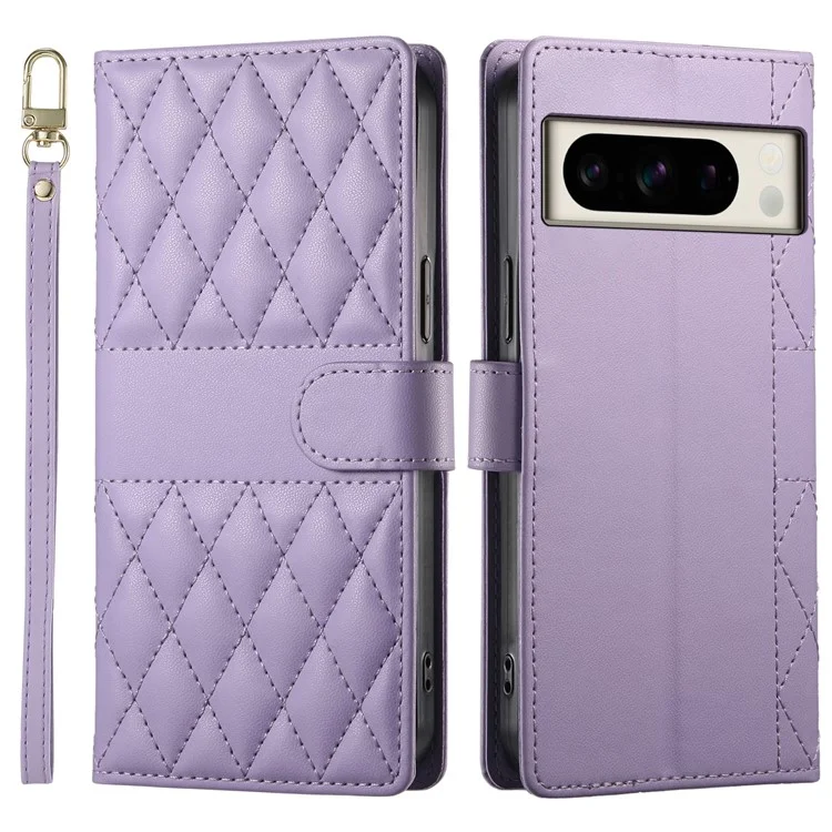 Funda de cuero para Google Pixel 8 Pro, diseño de rombos con soporte tipo cartera, correa larga / corta - Color morado