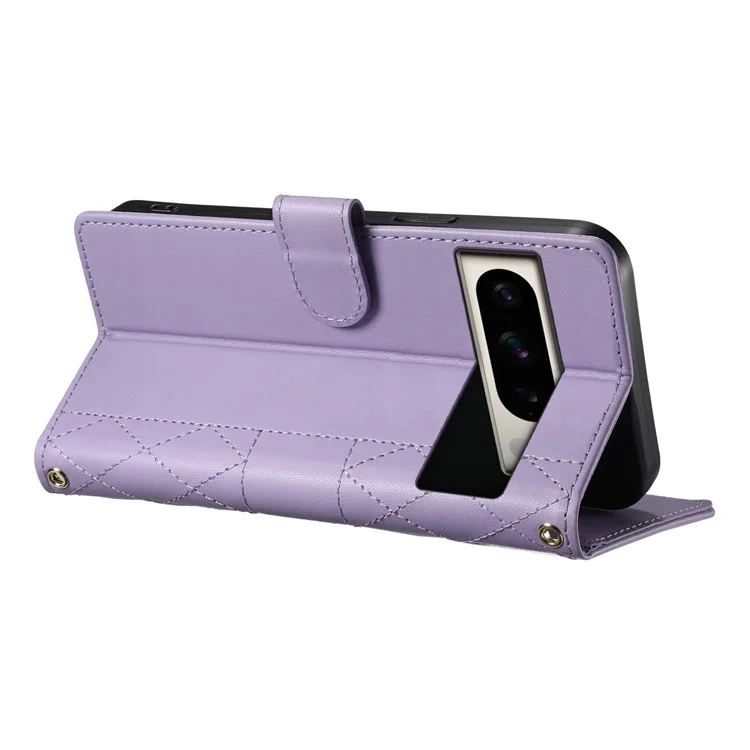 Funda de cuero para Google Pixel 8 Pro, diseño de rombos con soporte tipo cartera, correa larga / corta - Color morado