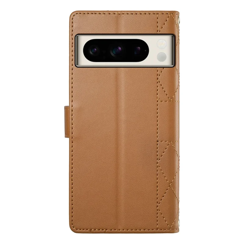 For Google Pixel 8 Pro Case Rhombus Stitching Wallet Stand Leather Phone Cover with Long  /  Short Strap - Brown
