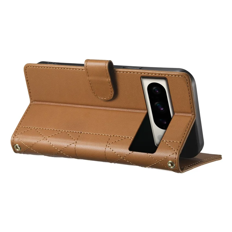 For Google Pixel 8 Pro Case Rhombus Stitching Wallet Stand Leather Phone Cover with Long  /  Short Strap - Brown