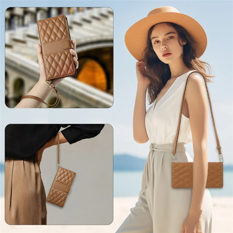 For Google Pixel 8 Pro Case Rhombus Stitching Wallet Stand Leather Phone Cover with Long  /  Short Strap - Brown