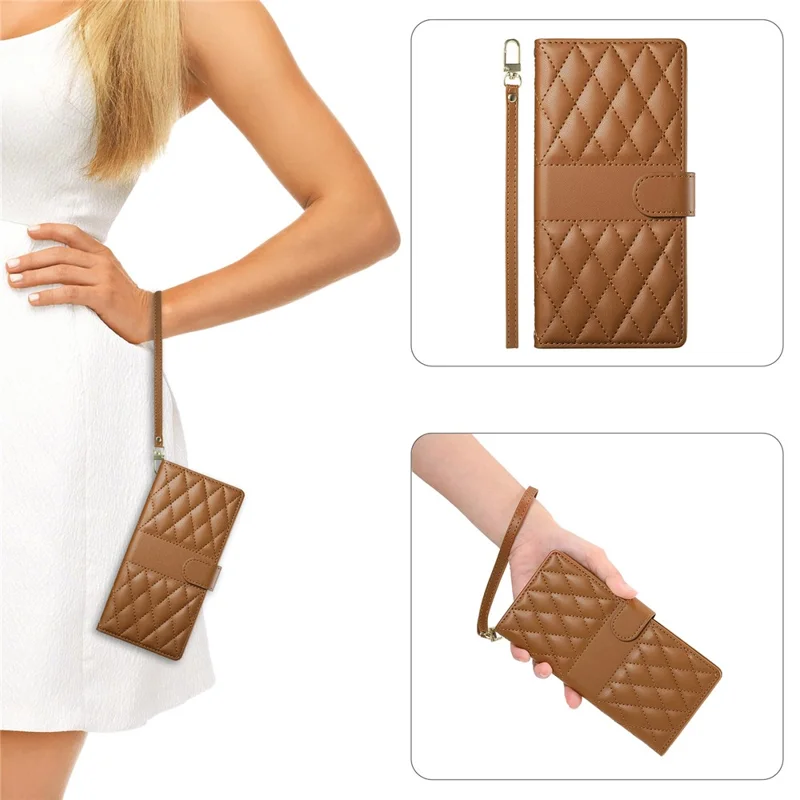 For Google Pixel 8 Pro Case Rhombus Stitching Wallet Stand Leather Phone Cover with Long  /  Short Strap - Brown