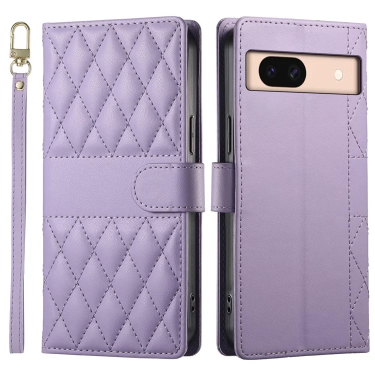Funda de cuero tipo cartera con soporte y diseño de rombos para Google Pixel 8a, con correa larga o corta - Color morado