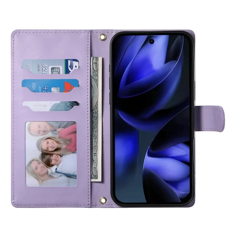 Funda de cuero tipo cartera con soporte y diseño de rombos para Google Pixel 8a, con correa larga o corta - Color morado
