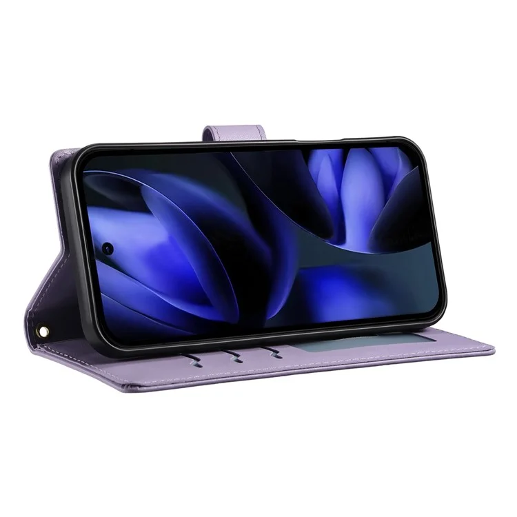 Funda de cuero tipo cartera con soporte y diseño de rombos para Google Pixel 8a, con correa larga o corta - Color morado