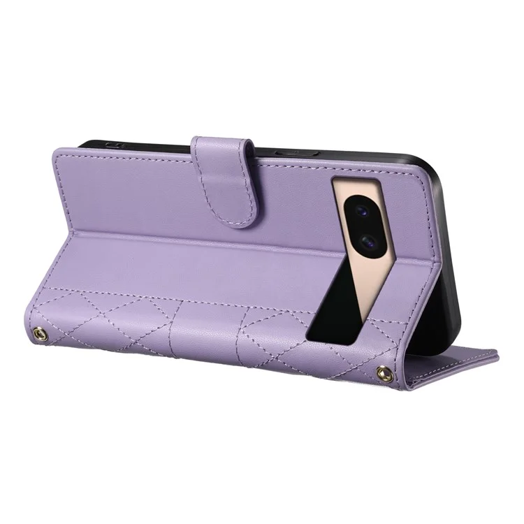 Funda de cuero tipo cartera con soporte y diseño de rombos para Google Pixel 8a, con correa larga o corta - Color morado