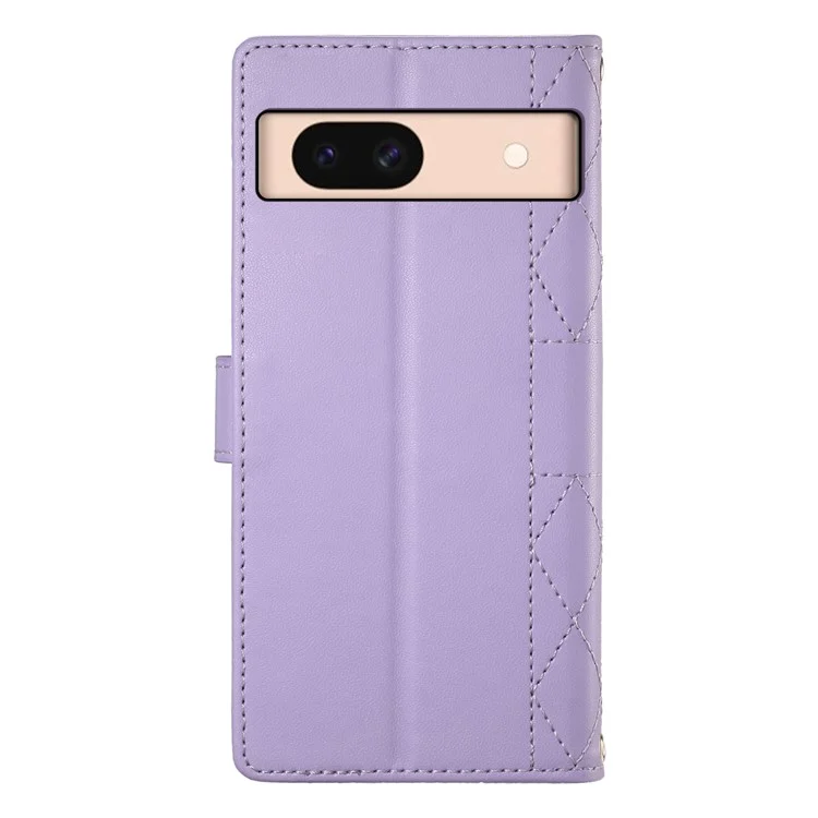 Funda de cuero tipo cartera con soporte y diseño de rombos para Google Pixel 8a, con correa larga o corta - Color morado
