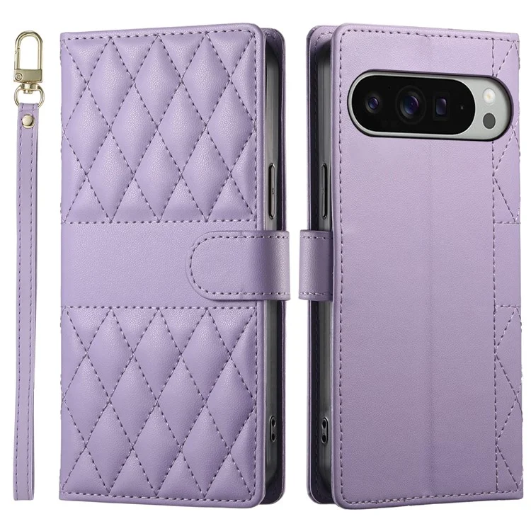 Étui Google Pixel 9 Pro XL Portefeuille à Motif Losange avec Support et Sangle Longue / Courte - Violet