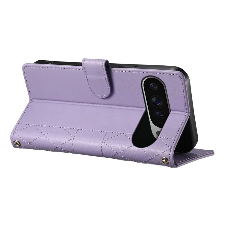 Étui Google Pixel 9 Pro XL Portefeuille à Motif Losange avec Support et Sangle Longue / Courte - Violet