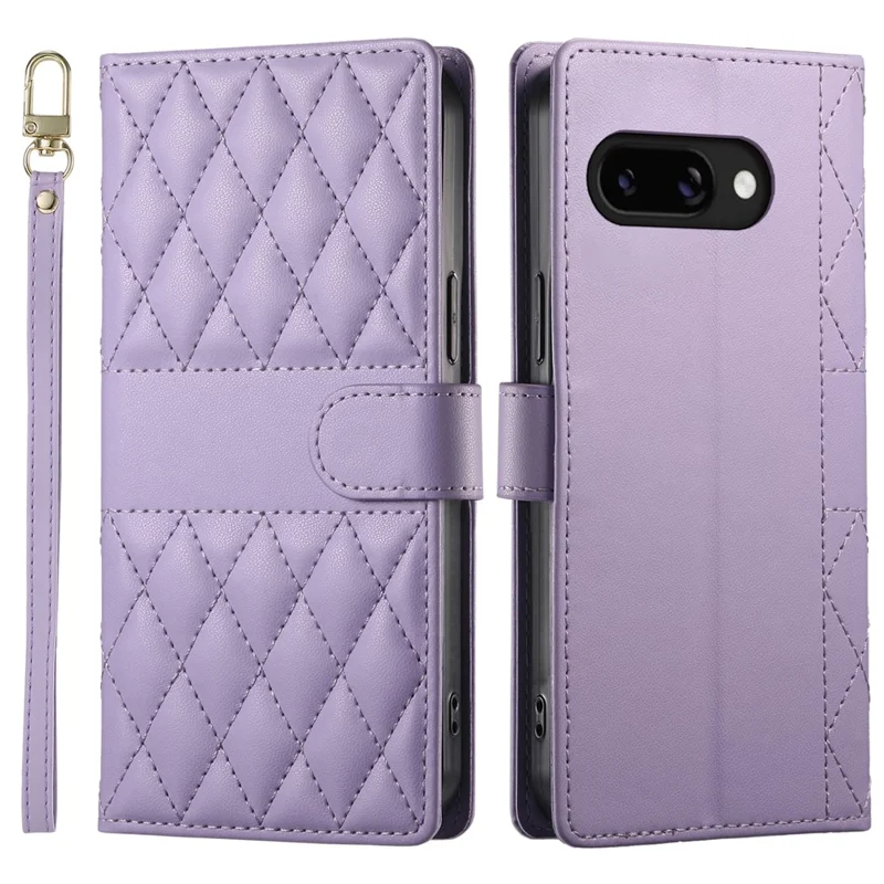 For Google Pixel 9a Case Rhombus Stitching Wallet Stand Leather Phone Cover with Long  /  Short Strap - Purple