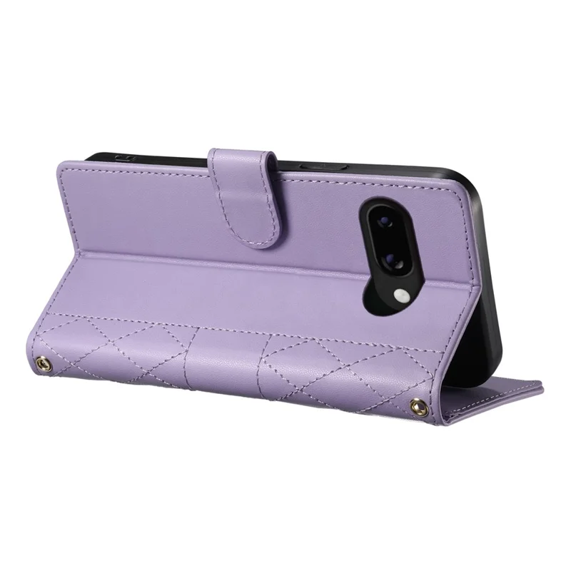 For Google Pixel 9a Case Rhombus Stitching Wallet Stand Leather Phone Cover with Long  /  Short Strap - Purple