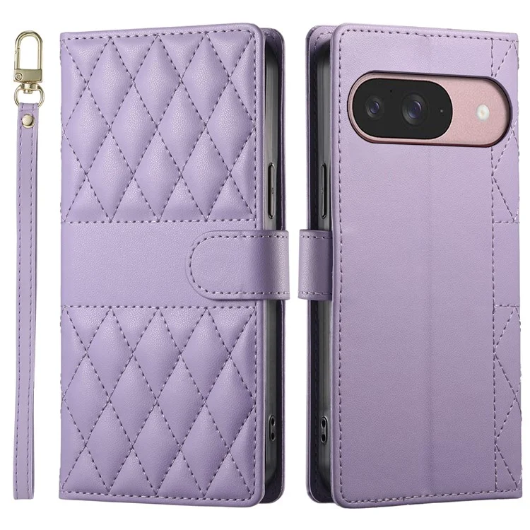 Funda tipo cartera de cuero con diseño de rombos para Google Pixel 9, con soporte y correa larga / corta - Color morado
