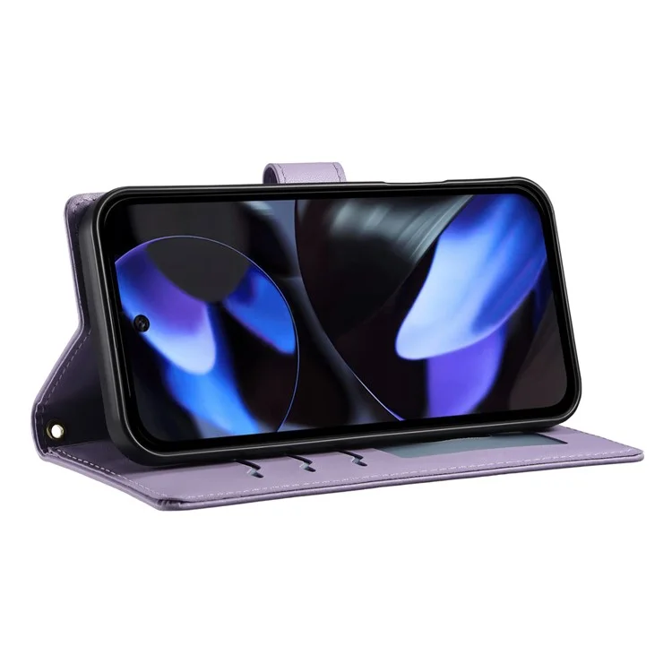 Funda tipo cartera de cuero con diseño de rombos para Google Pixel 9, con soporte y correa larga / corta - Color morado