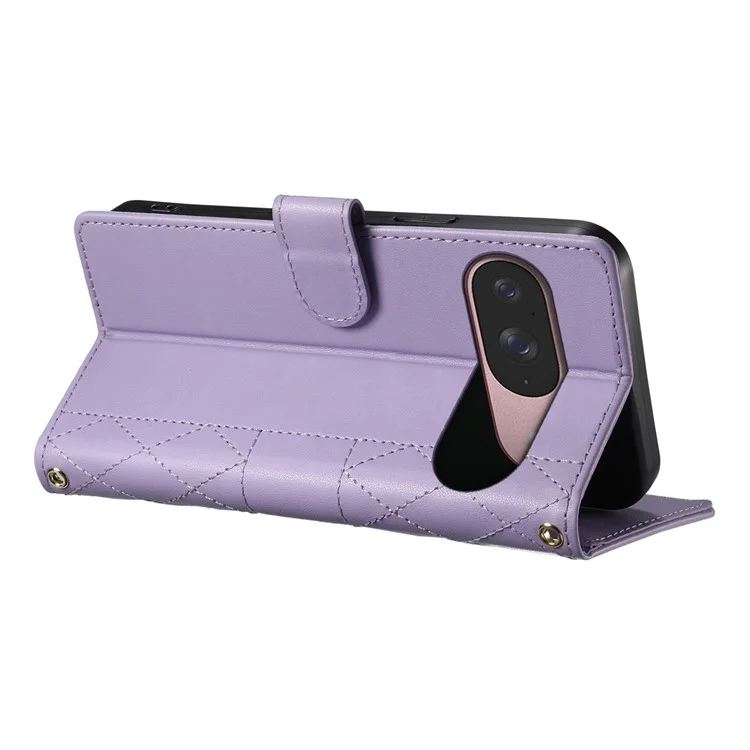 Funda tipo cartera de cuero con diseño de rombos para Google Pixel 9, con soporte y correa larga / corta - Color morado