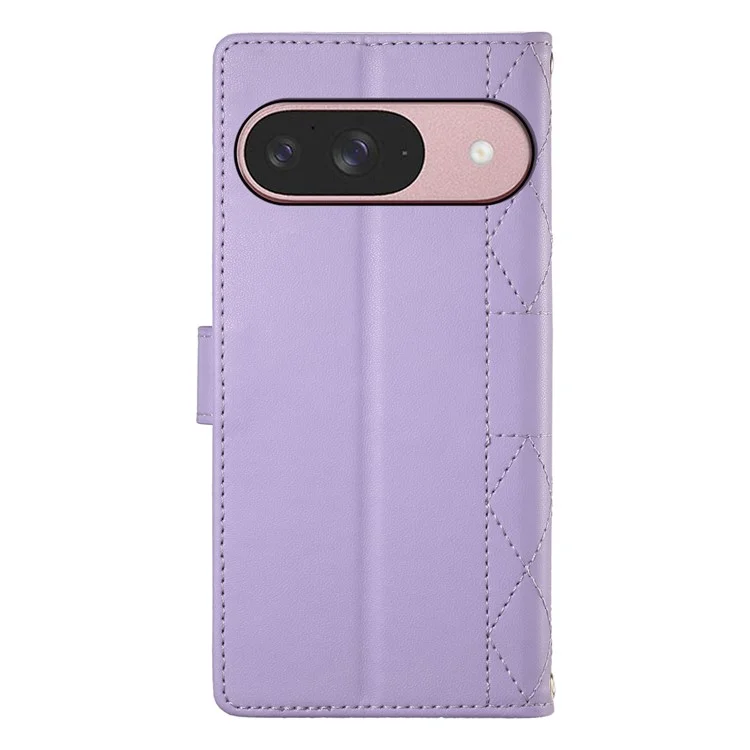 Funda tipo cartera de cuero con diseño de rombos para Google Pixel 9, con soporte y correa larga / corta - Color morado