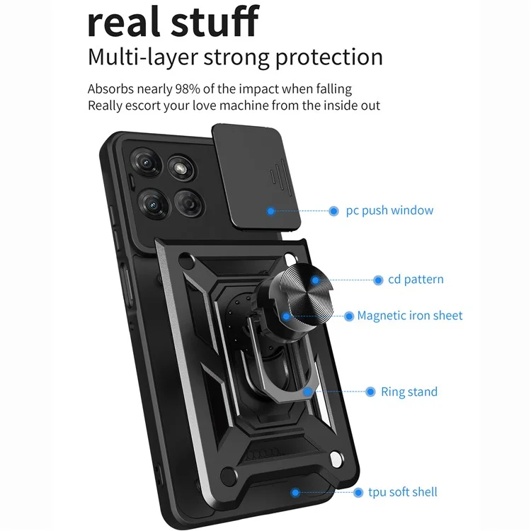 Funda para Motorola Moto G Power (2025) con tapa deslizante para cámara, carcasa de PC + TPU con soporte, color negro