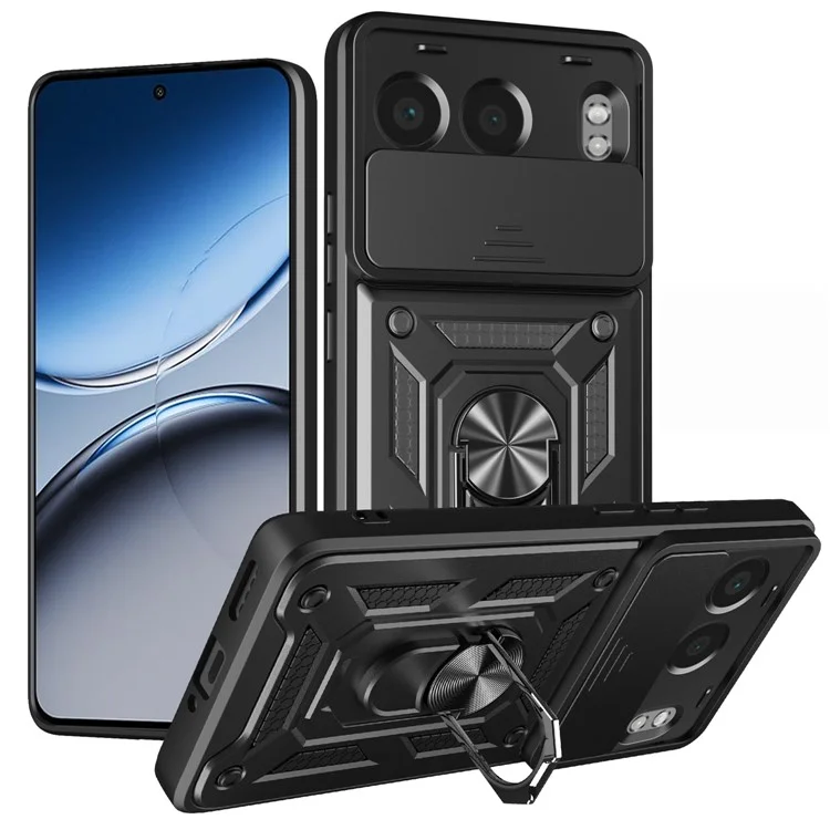 For OnePlus Nord 4 Case with Slide Camera Lid PC + TPU Kickstand Phone Cover - Black