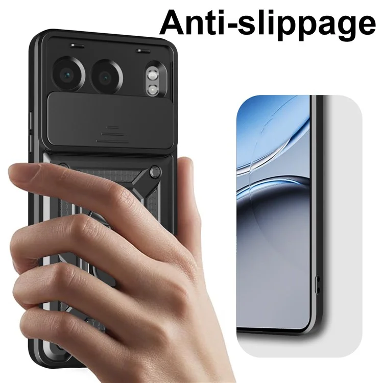 For OnePlus Nord 4 Case with Slide Camera Lid PC + TPU Kickstand Phone Cover - Black