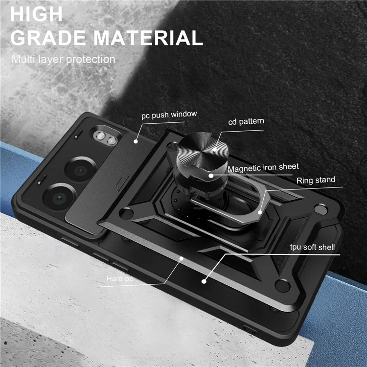 For OnePlus Nord 4 Case with Slide Camera Lid PC + TPU Kickstand Phone Cover - Black