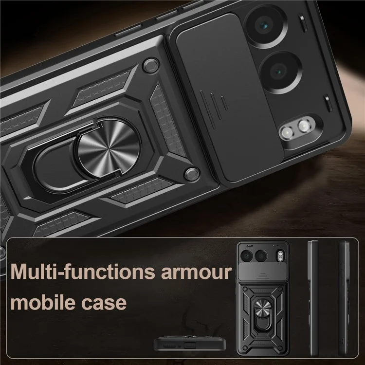 For OnePlus Nord 4 Case with Slide Camera Lid PC + TPU Kickstand Phone Cover - Black