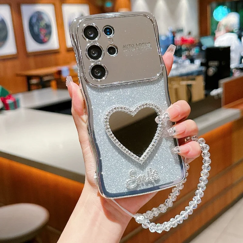 For Samsung Galaxy S24 Ultra Case Electroplated Wavy Frame Glitter TPU Phone Cover with Mirror, Strap - Silver