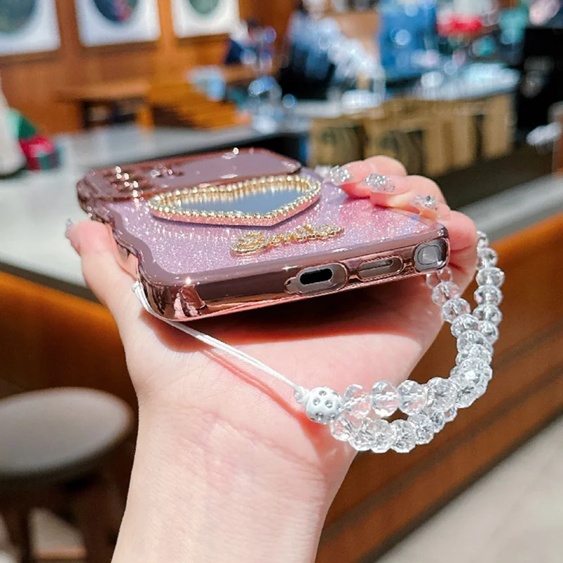 For Samsung Galaxy S24 Ultra Case Electroplated Wavy Frame Glitter TPU Phone Cover with Mirror, Strap - Silver