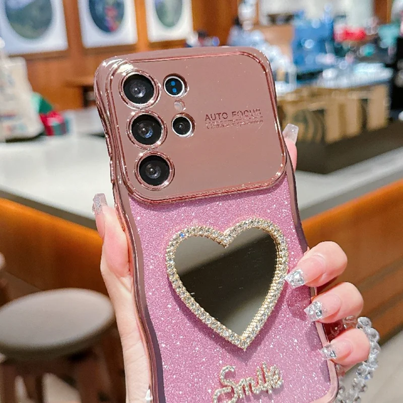 For Samsung Galaxy S24 Ultra Case Electroplated Wavy Frame Glitter TPU Phone Cover with Mirror, Strap - Silver