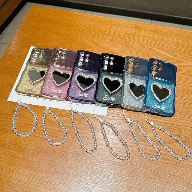 For Samsung Galaxy S24 Ultra Case Electroplated Wavy Frame Glitter TPU Phone Cover with Mirror, Strap - Silver