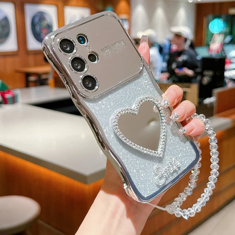 For Samsung Galaxy S24 Ultra Case Electroplated Wavy Frame Glitter TPU Phone Cover with Mirror, Strap - Silver