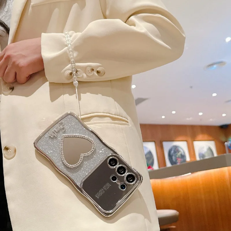 For Samsung Galaxy S24 Ultra Case Electroplated Wavy Frame Glitter TPU Phone Cover with Mirror, Strap - Silver