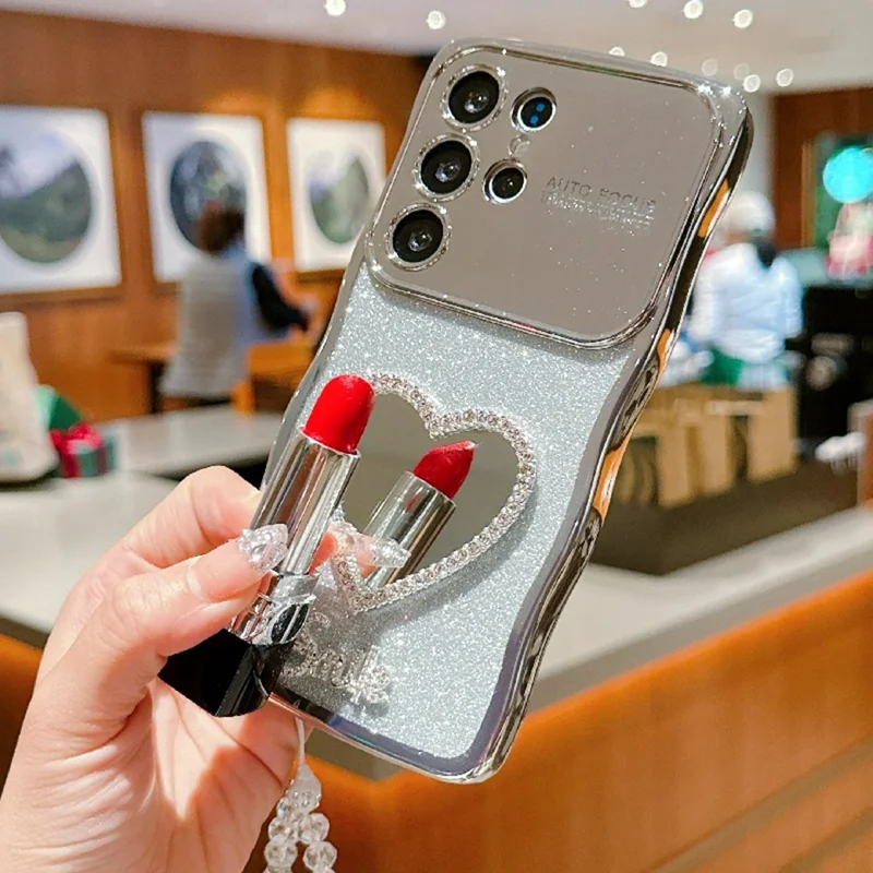 For Samsung Galaxy S24 Ultra Case Electroplated Wavy Frame Glitter TPU Phone Cover with Mirror, Strap - Silver