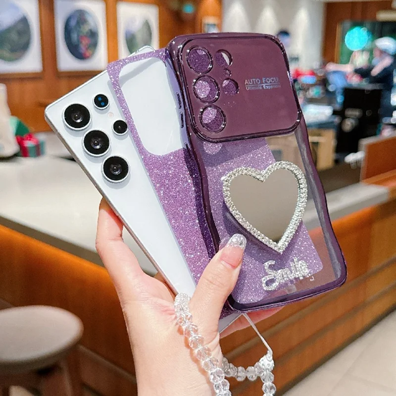 For Samsung Galaxy S24 Ultra Case Electroplated Wavy Frame Glitter TPU Phone Cover with Mirror, Strap - Silver