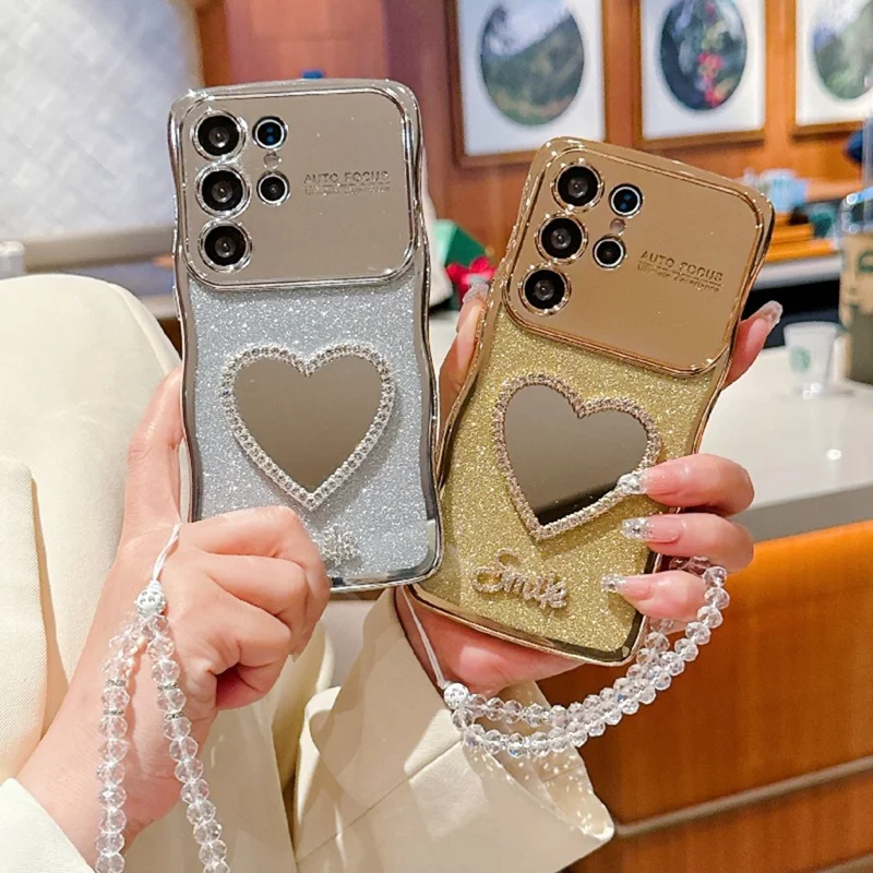 For Samsung Galaxy S24 Ultra Case Electroplated Wavy Frame Glitter TPU Phone Cover with Mirror, Strap - Silver