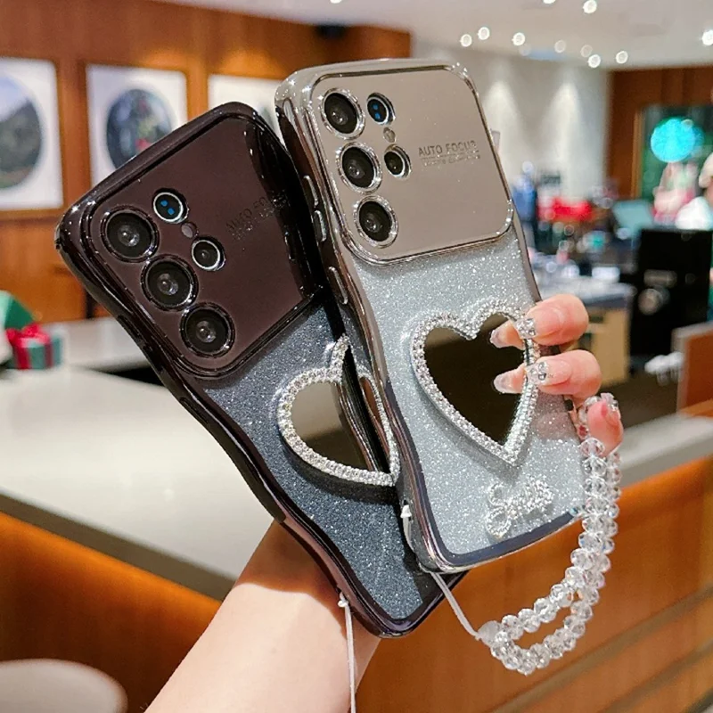 For Samsung Galaxy S24 Ultra Case Electroplated Wavy Frame Glitter TPU Phone Cover with Mirror, Strap - Silver