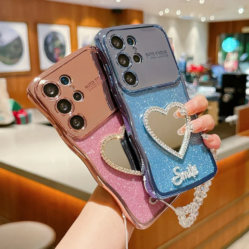 For Samsung Galaxy S24 Ultra Case Electroplated Wavy Frame Glitter TPU Phone Cover with Mirror, Strap - Silver