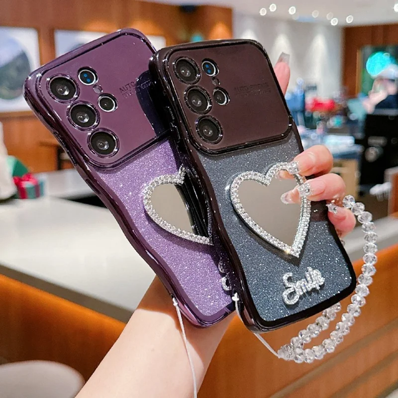 For Samsung Galaxy S24 Ultra Case Electroplated Wavy Frame Glitter TPU Phone Cover with Mirror, Strap - Silver