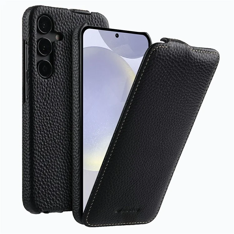 MELKCO Para Samsung Galaxy S25 Capa de Couro Legítimo com Flip Vertical + PC Capa de Celular à Prova de Choque - Preto