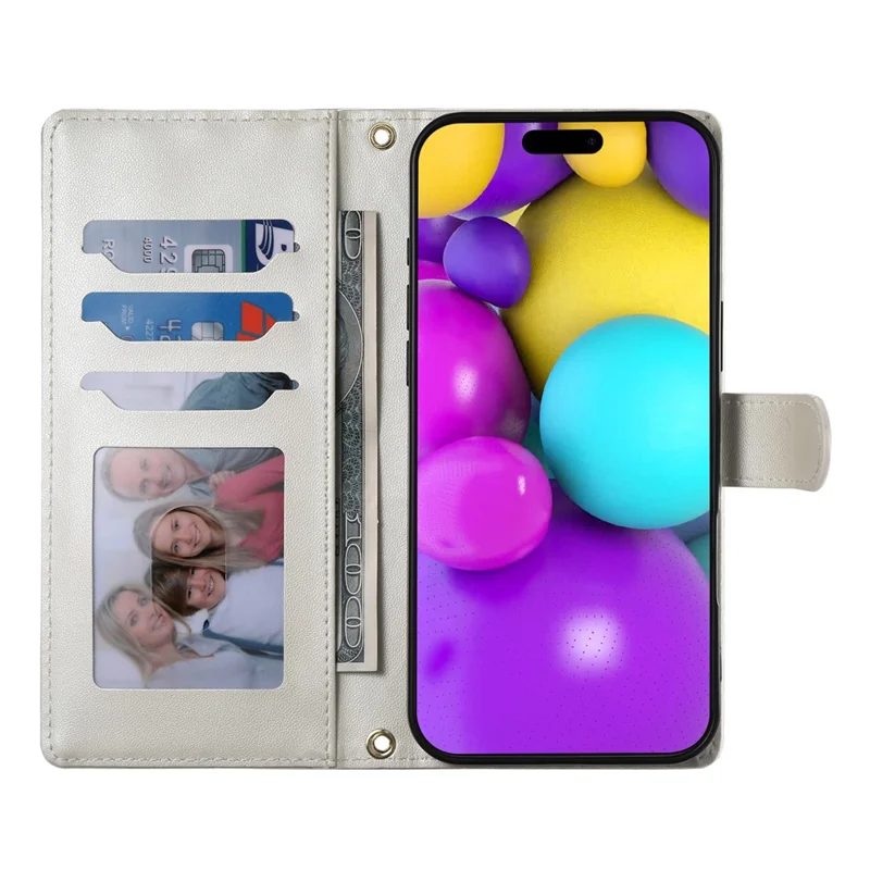 For iPhone 16 Case Rhombus Stitching Wallet Stand Leather Phone Cover with Long  /  Short Strap - Beige