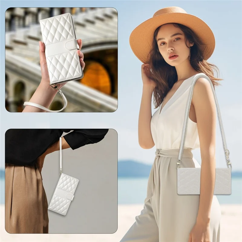 For iPhone 16 Case Rhombus Stitching Wallet Stand Leather Phone Cover with Long  /  Short Strap - Beige