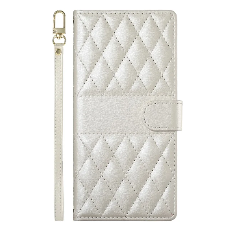 For iPhone 16 Case Rhombus Stitching Wallet Stand Leather Phone Cover with Long  /  Short Strap - Beige