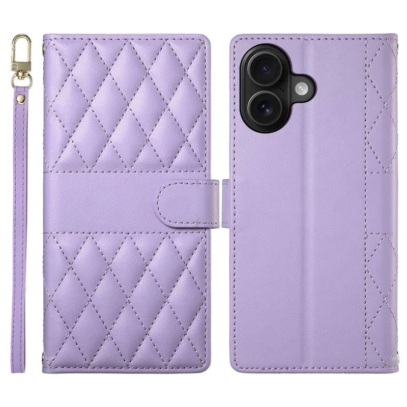 For iPhone 16 Plus Case Rhombus Stitching Wallet Stand Leather Phone Cover with Long  /  Short Strap - Purple