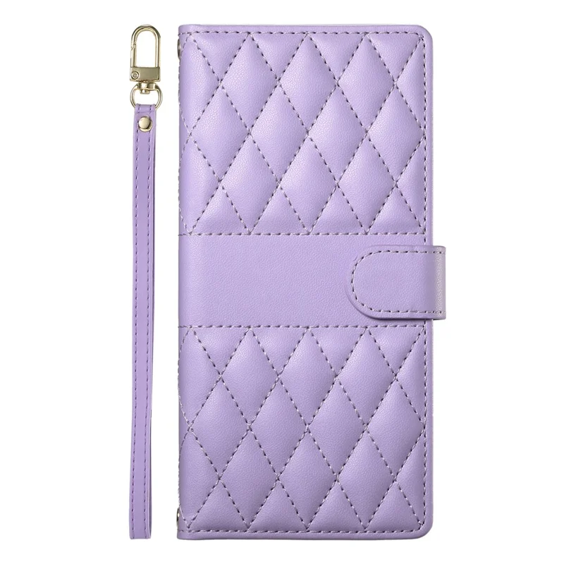 For iPhone 16 Plus Case Rhombus Stitching Wallet Stand Leather Phone Cover with Long  /  Short Strap - Purple