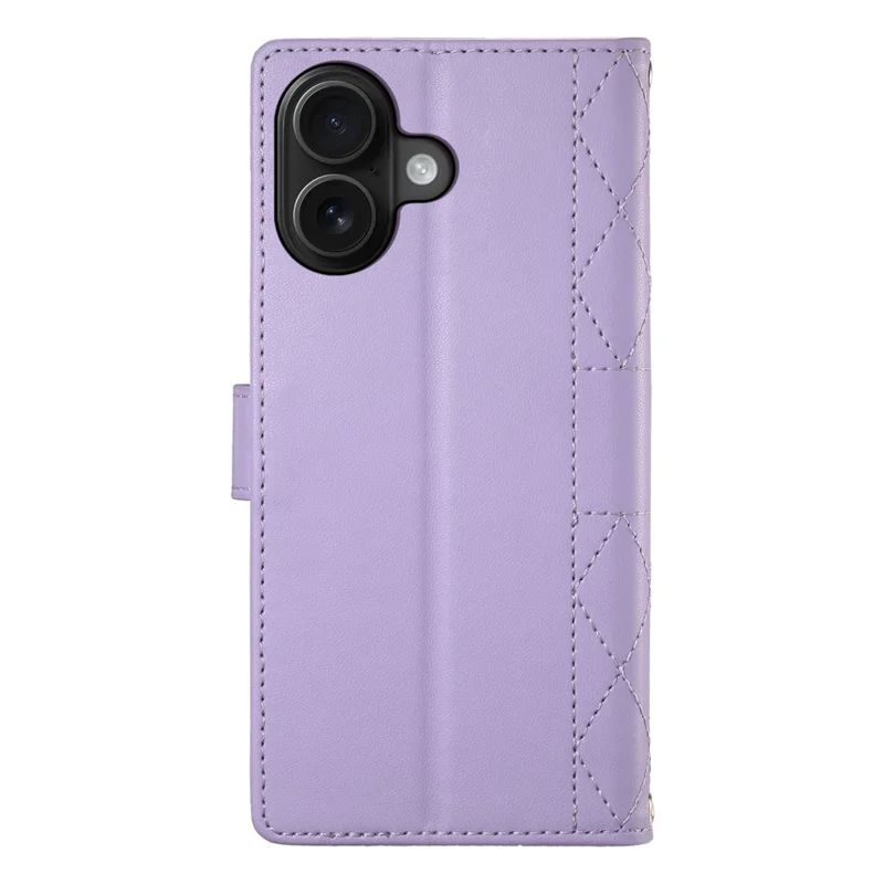 For iPhone 16 Plus Case Rhombus Stitching Wallet Stand Leather Phone Cover with Long  /  Short Strap - Purple
