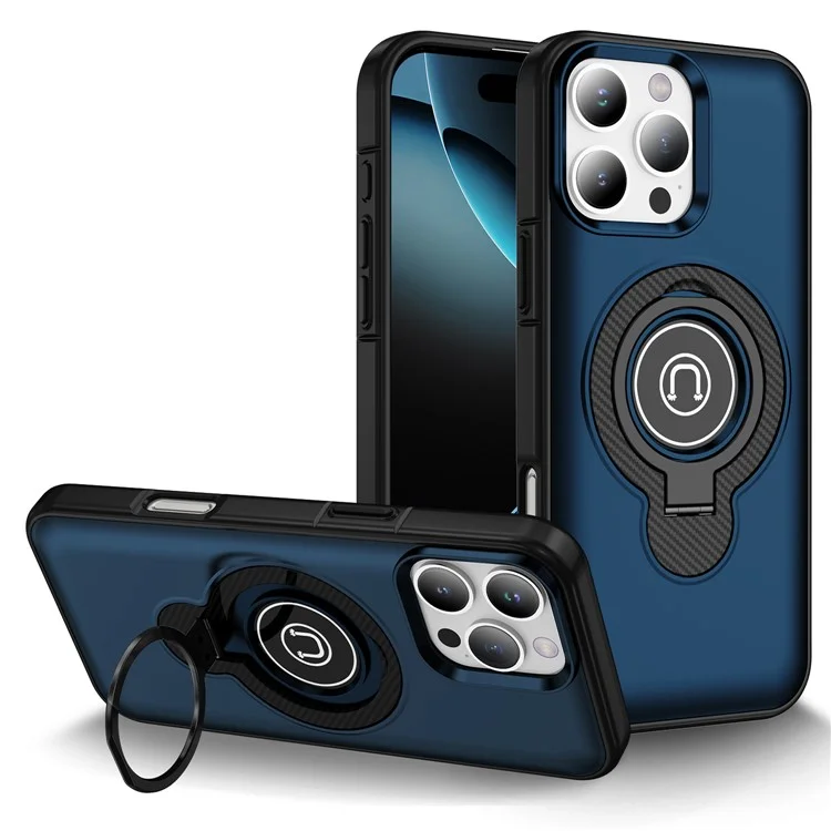 Für iPhone 16 Pro Max Hülle TPU + PC Magnetische Kfz-Halterung Handyhülle mit Ringständer - Marineblau