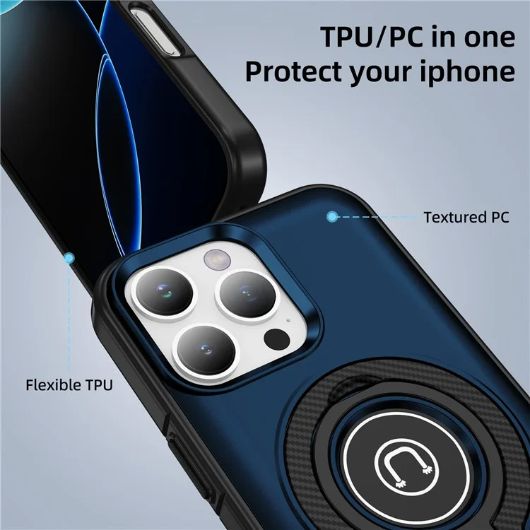 Für iPhone 16 Pro Max Hülle TPU + PC Magnetische Kfz-Halterung Handyhülle mit Ringständer - Marineblau